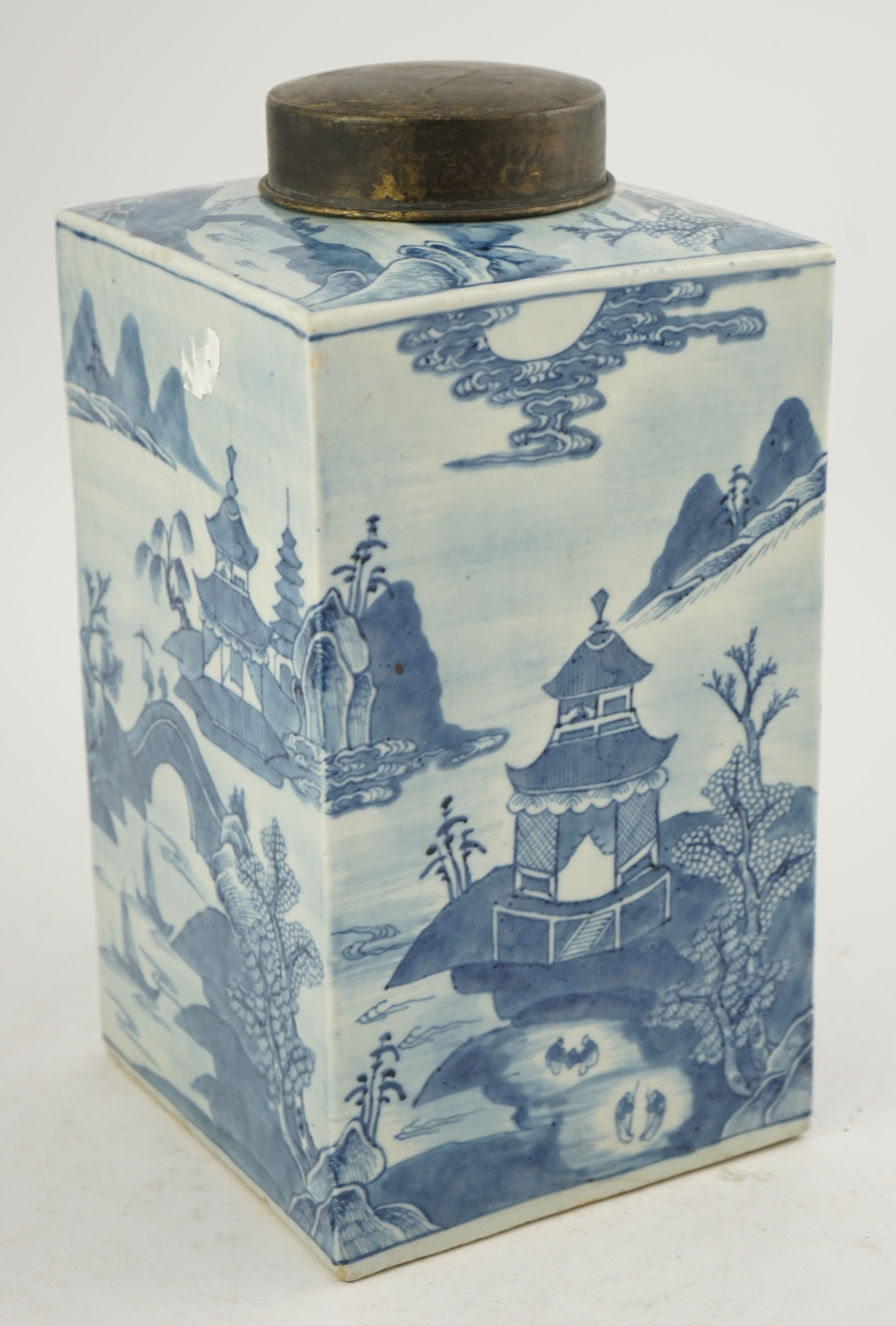 A Chinese blue and white square section tea jar, Qianlong period, metal cover, 36cm high., Condition - good, cover split